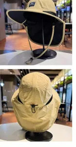 Khaki outdoor sun protection fishing hat with wide brim and neck flap for men and women.