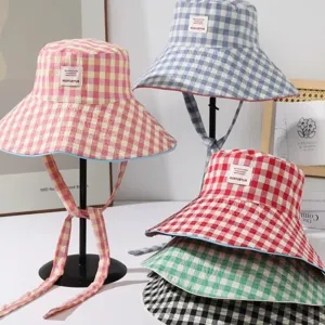Cappello da pescatore a quadri stile coreano con lacci tesa larga reversibile per sole estate