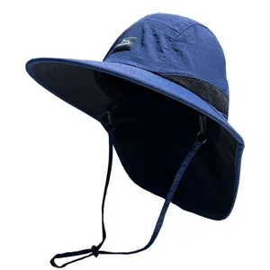 Dark blue outdoor sun hat with wide brim, neck flap, and adjustable chin strap for fishing.