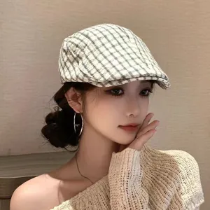 Berretto A Quadri Vintage Per Donna Casual Poliestere Ricamato Newsboy Cap Elegante Retro Moda Copricapo