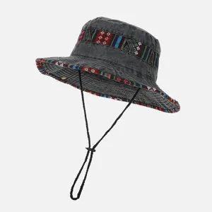 Cappello da pesca in denim slavato per uomo e donna, cappello estivo con nastro etnico.