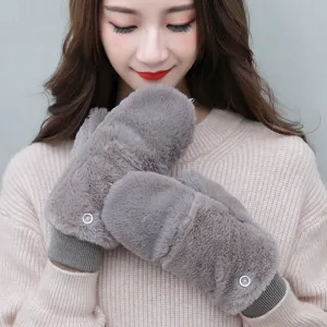 Women winter warm plush mittens soft thick knitted cuffs grey cozy outdoor gloves cute style