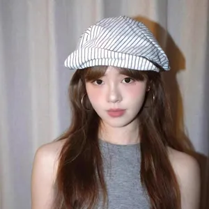 Striped linen cotton beret women spring summer newsboy cap retro painter hat casual headwear