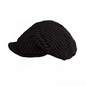 Detailed view of black and white pinstripe newsboy cap, classic retro ivy style fabric.