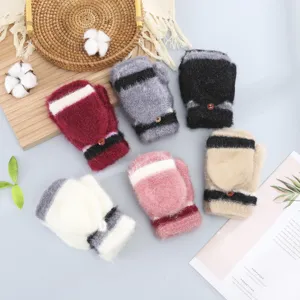 Detailed view of winter thick plush flip half-finger warm gloves with stylish color block design.