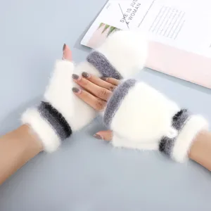 Winter plush flip-top fingerless gloves, thick warm contrast color knitted mittens.
