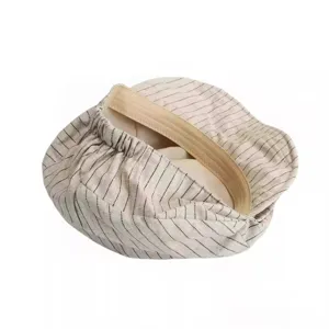 Detail view of the Japanese style striped cotton linen beret interior elastic band design.