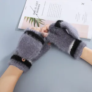 Close-up of cozy grey fleece half-finger flip gloves with stylish black stripe and button detail.
