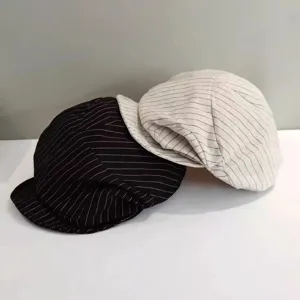 Casual striped linen newsboy hat, vintage painter cap for women spring and summer.