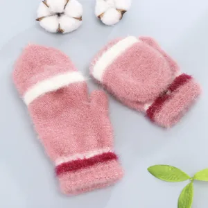 Pink plush convertible half finger winter gloves close up detail view cozy warm knit mittens.