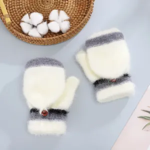 Winter warm fluffy knit mittens detail, cozy color-block wool blend gloves with cute buttons.