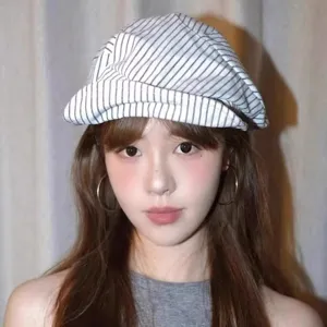 Women striped newsboy cap Japanese literary linen beret spring summer fashion hat