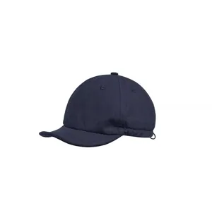 Detail shot of the navy blue short brim baseball cap, soft visor design, casual style.
