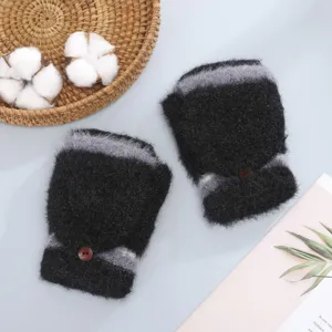Winter warm fuzzy fingerless flip gloves, stylish black grey color block convertible mittens.
