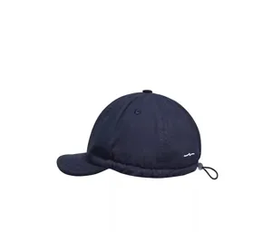 Detailed view of dark blue soft brim baseball cap with adjustable drawstring and short visor for summer.