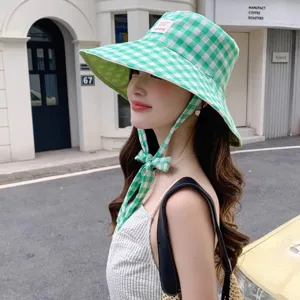 Bob à carreaux vert pour femme, chapeau de pêcheur anti-UV protection solaire avec lacet.