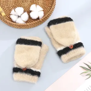 Cozy winter half-finger convertible gloves with stylish color block design and button accent.