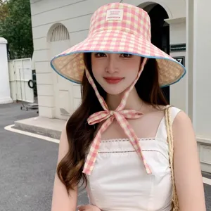 Chapeau bob à carreaux rose et jaune pour femme, chapeau de soleil à large bord été.