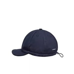 Navy blue short brim baseball cap with adjustable toggle cord, casual sun hat for daily wear.