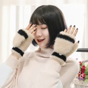 Women winter warm plush half finger flip gloves color block knitted thick mittens main view