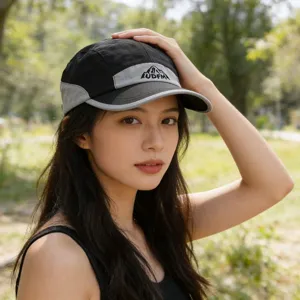 Outdoor sports quick-drying baseball cap detail, featuring contrast panel design and embroidery.