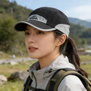 Outdoor sports quick-drying baseball cap detail, featuring a stylish black and gray color block.