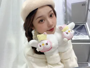 Winter cute plush hanging neck gloves detail, soft fleece thick warm winter accessory.