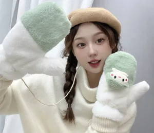 Winter warm plush mittens with neck strap, thick fleece lined cute gloves for women.