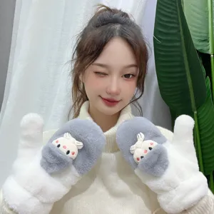 Thickened plush winter mittens with cute rabbit design, warm fleece-lined gloves.