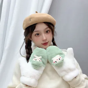 Cute winter plush mittens for women, thick warm fleece-lined design with sweet animal details.
