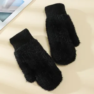 Moffole invernali nere in pelliccia spessa da donna, polsini in maglia, guanti caldi e carini.