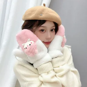 Winter plush thick warm mittens for women, cute rabbit design, soft windproof full finger gloves.