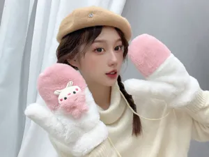 Winter thick plush mittens with neck strap, cute rabbit design, warm outdoor gloves for women.