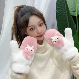 Winter plush warm mittens for women, thick fleece-lined cute rabbit design hanging neck gloves.