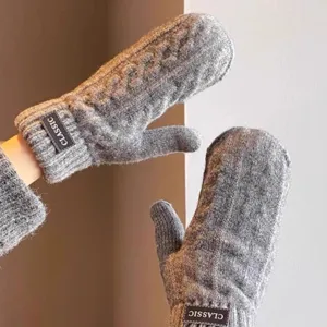 Grey knit mittens for men winter warm thick fleece lined windproof thermal gloves outdoor