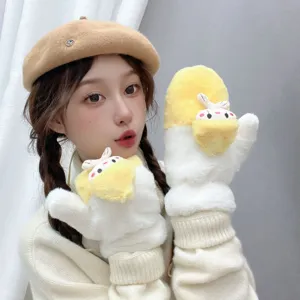 Winter warm plush mittens for women, thick fleece-lined cute cartoon rabbit hanging gloves.