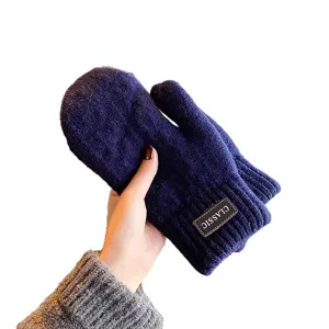 Men's thick fleece-lined knit mittens for winter outdoor sports and daily warmth wear.