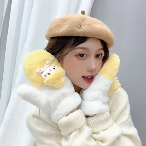 Plush winter gloves detail, soft white and yellow fleece mittens with cute rabbit decor, cozy.