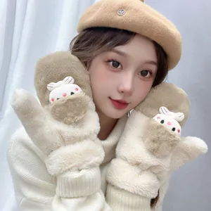Plush thick winter warm mittens featuring cute rabbit decor, cozy fleece lining design.