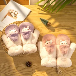 Winter warm plush mittens with cute bunny pocket design, thick fleece lined hanging neck gloves.