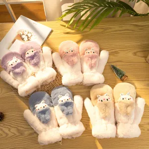 Winter warm plush mittens for women cute rabbit design thick soft outdoor cold weather gloves