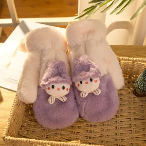 Cozy plush winter warm mittens cute cartoon design thick fleece lined outdoor gloves