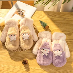 Winter warm plush mittens for women, thick fleece-lined cute cartoon gloves for cold weather outdoor.