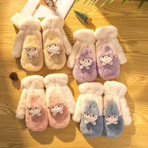 Winter thick plush warm mittens gloves, cute doll design, cozy cold weather outdoor wear.