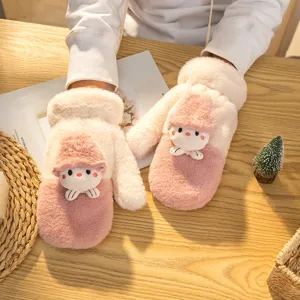 Cute plush winter mittens for women, thick warm plush gloves with cute cartoon rabbit decor.