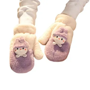 Cute plush winter mittens for women, thick warm thermal gloves with lovely cartoon doll design.