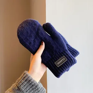 Thickened double-layer knitted winter mittens for men, warm fleece-lined thermal gloves.