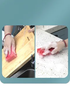 Detail view showing kitchen cleaning sponge cleaning wooden cutting board and countertop.