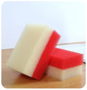 Dual-layer porous sponge detail, mesh texture, kitchen cleaning tool for dishes and pots.