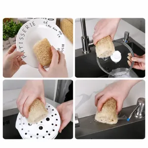 Natural luffa dishwashing sponge for kitchen cleaning, eco-friendly plant fiber scrub.